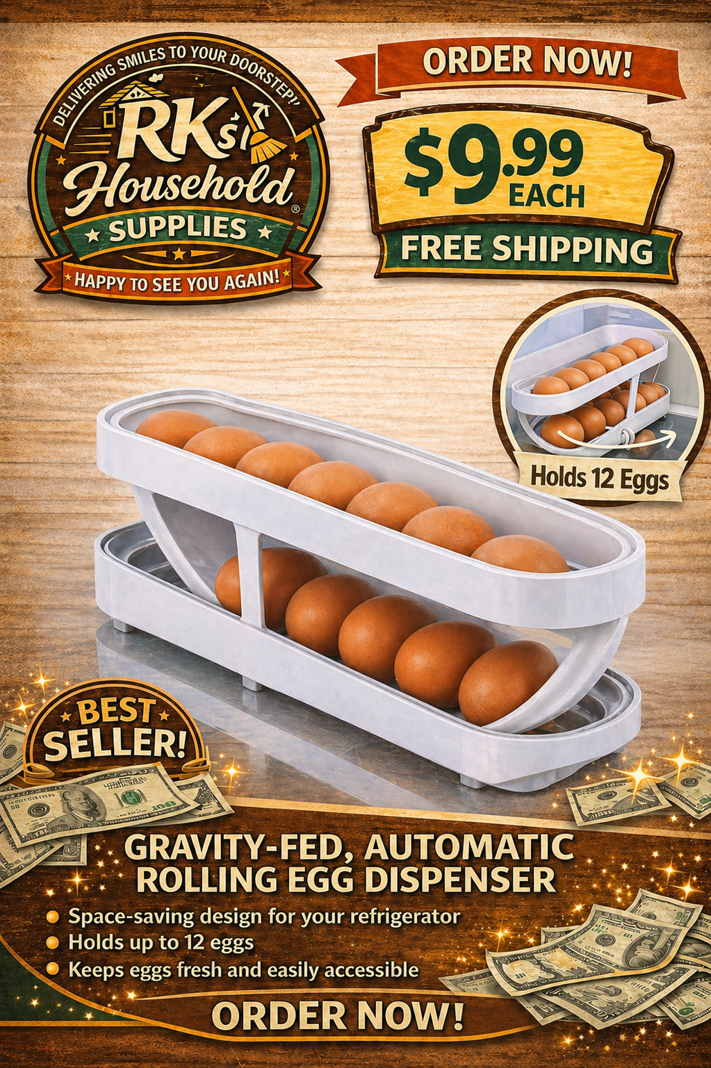 Gravity-Fed Rolling Egg Dispenser – Space-Saving Refrigerator Organizer (12 Egg Capacity)
