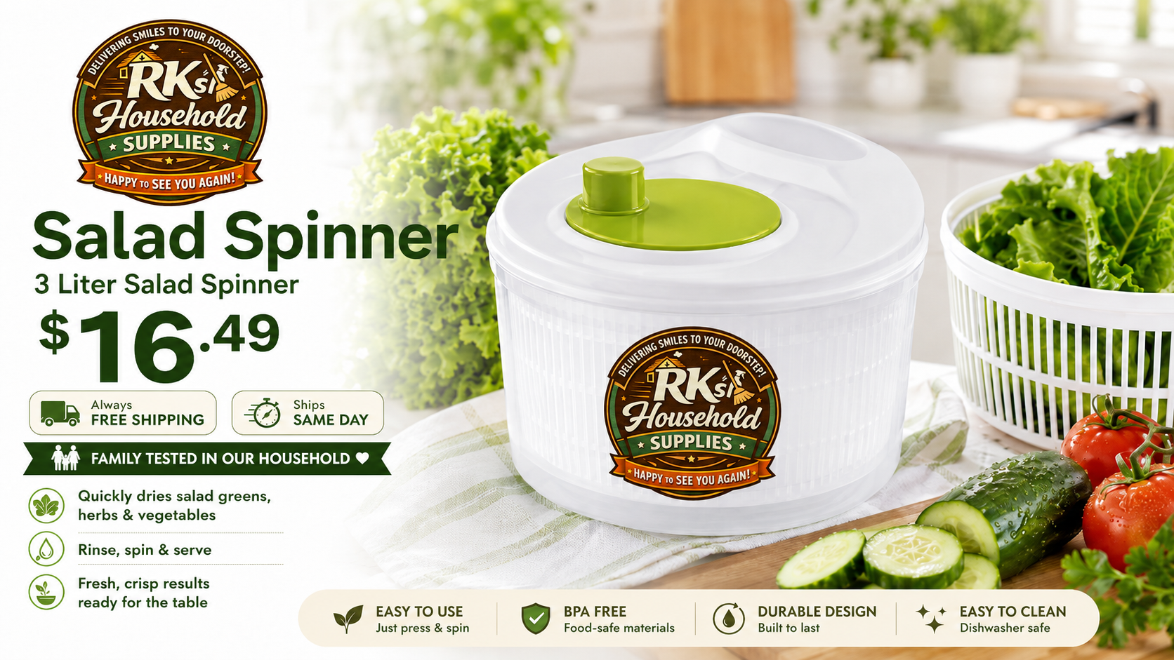 Salad Spinner – Wash, Spin & Dry Lettuce, Salad Greens, Fruits, Herbs & Vegetables, 3 Liter Basket