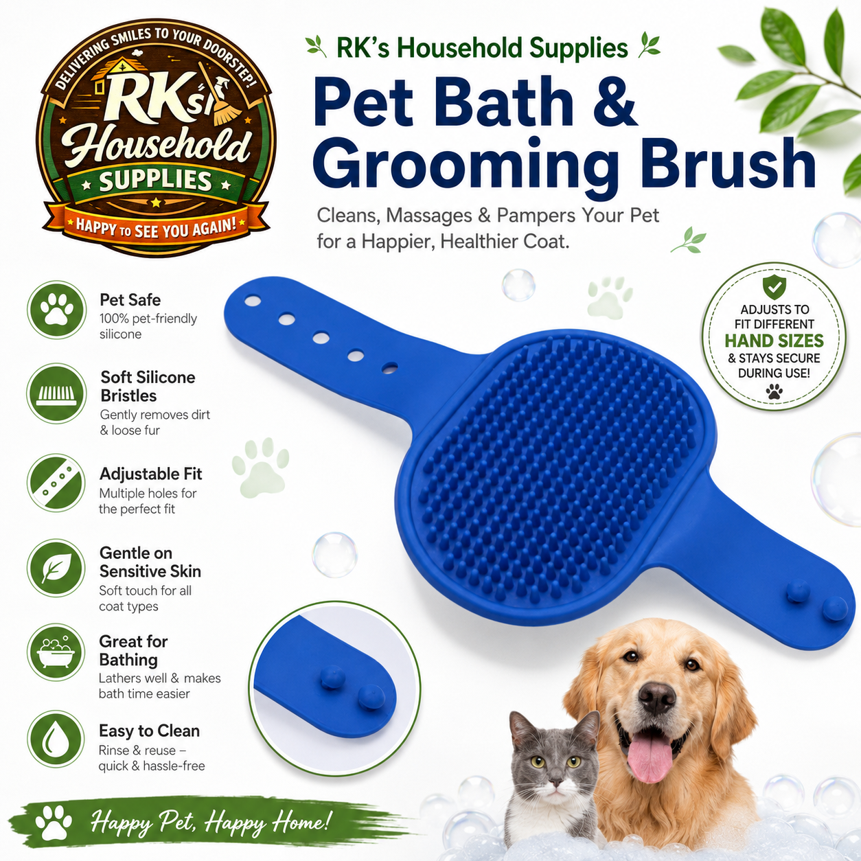Pet Safe Silicone Bath & Grooming Brush for Dogs & Cats – Gentle, Adjustable & Durable