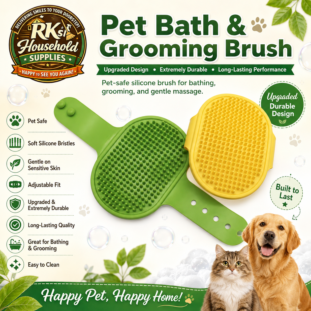 Pet Safe Silicone Bath & Grooming Brush for Dogs & Cats – Gentle, Adjustable & Durable