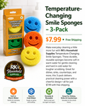 Temperature-Changing Smile Sponges – 3-Pack | Soft in Warm Water, Firm in Cold Water