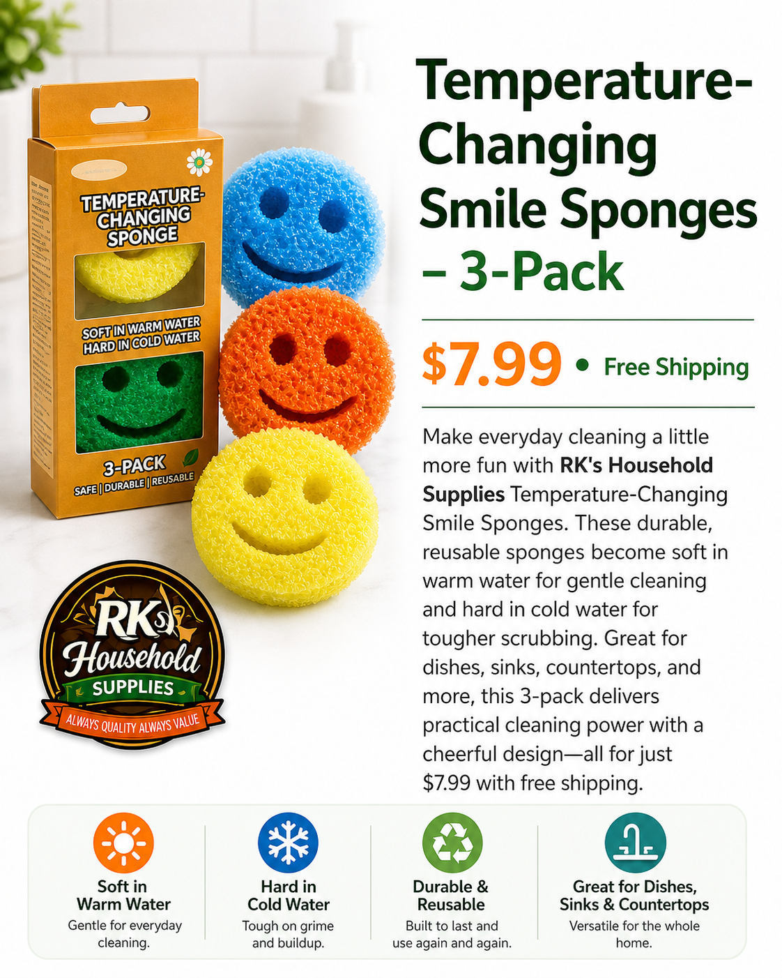 Temperature-Changing Smile Sponges – 3-Pack | Soft in Warm Water, Firm in Cold Water