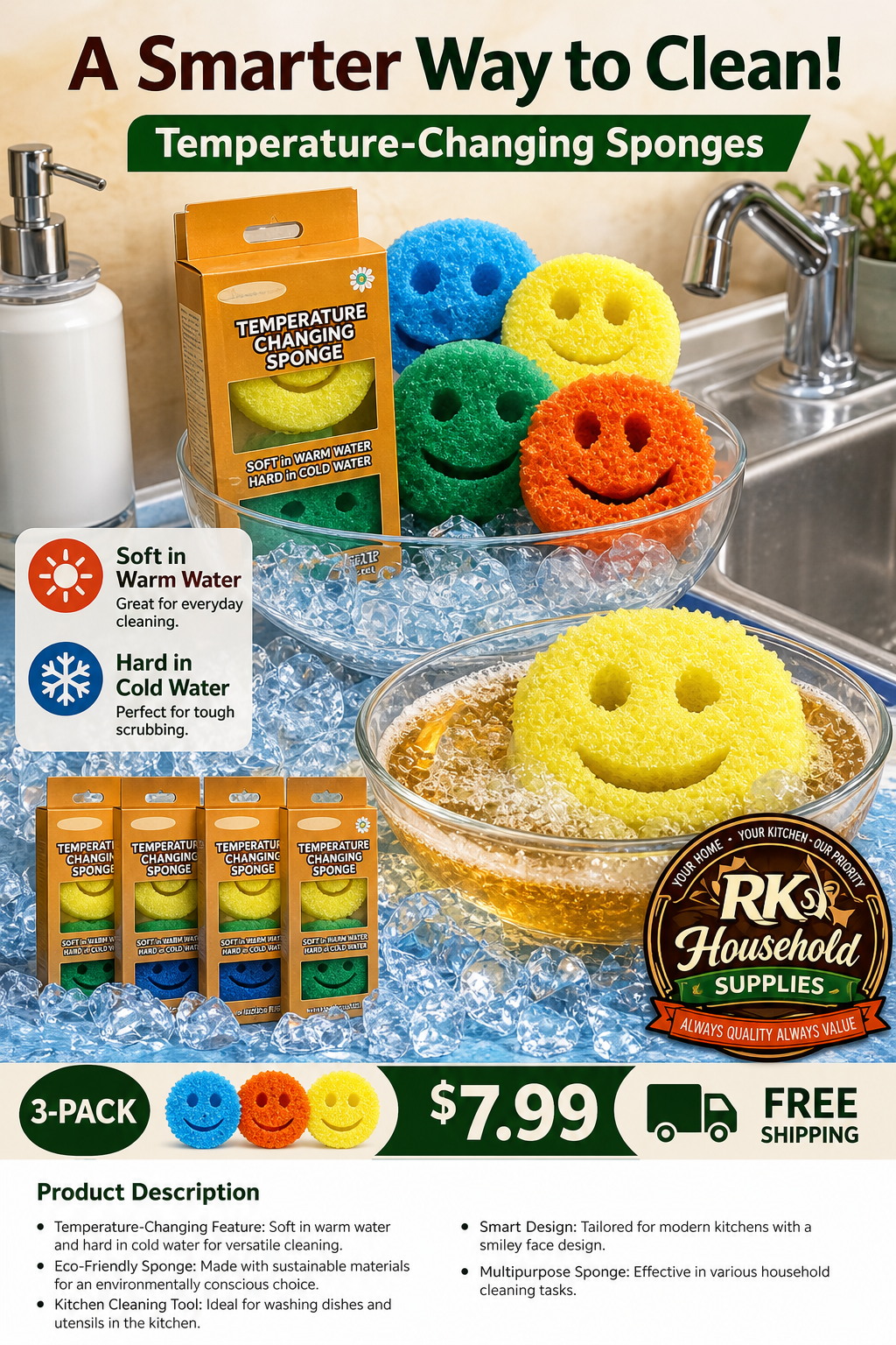 Temperature-Changing Smile Sponges – 3-Pack | Soft in Warm Water, Firm in Cold Water