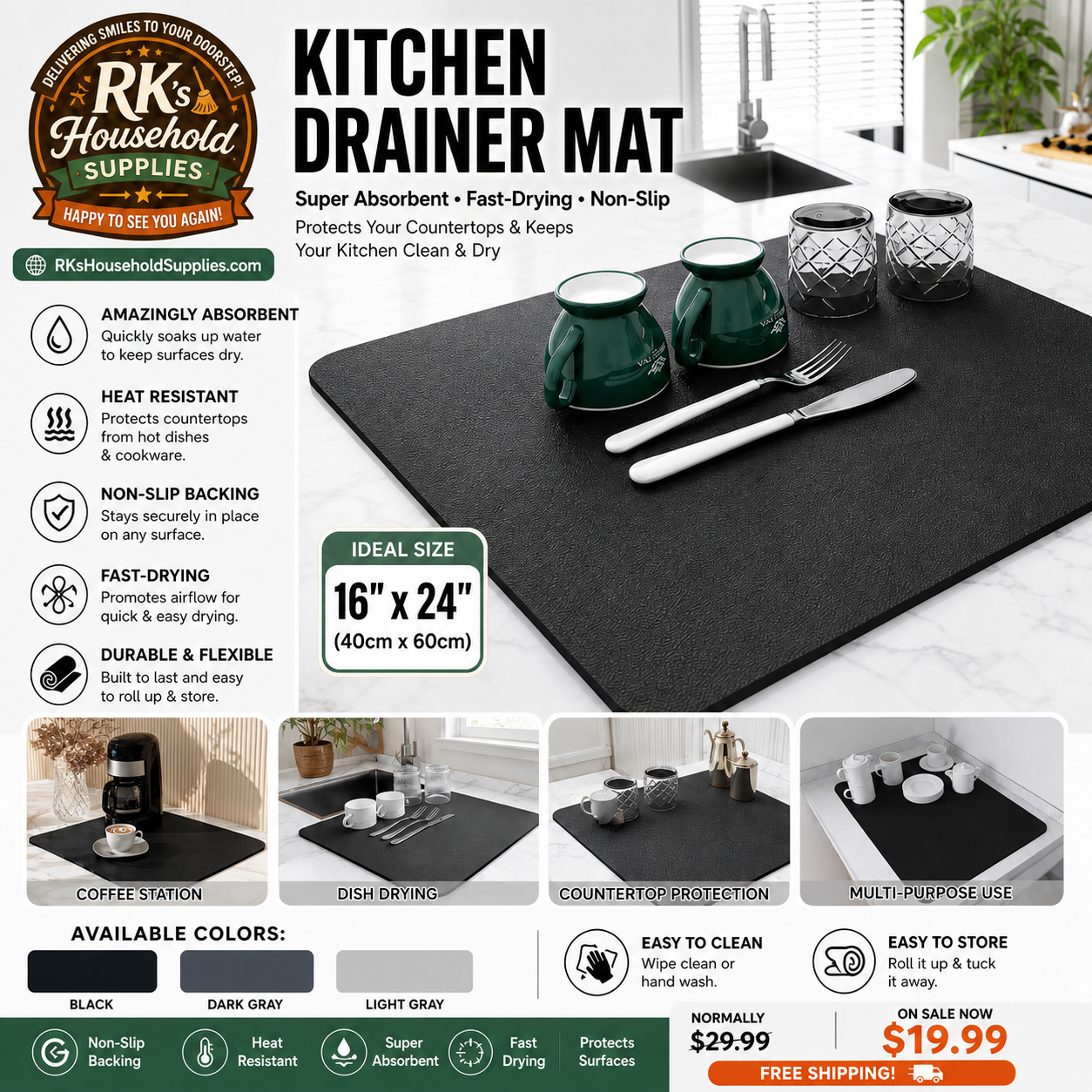 16” x 24” Non-Slip Kitchen Drainer Mat | Super Absorbent Fast-Drying Countertop Dish Drying Mat