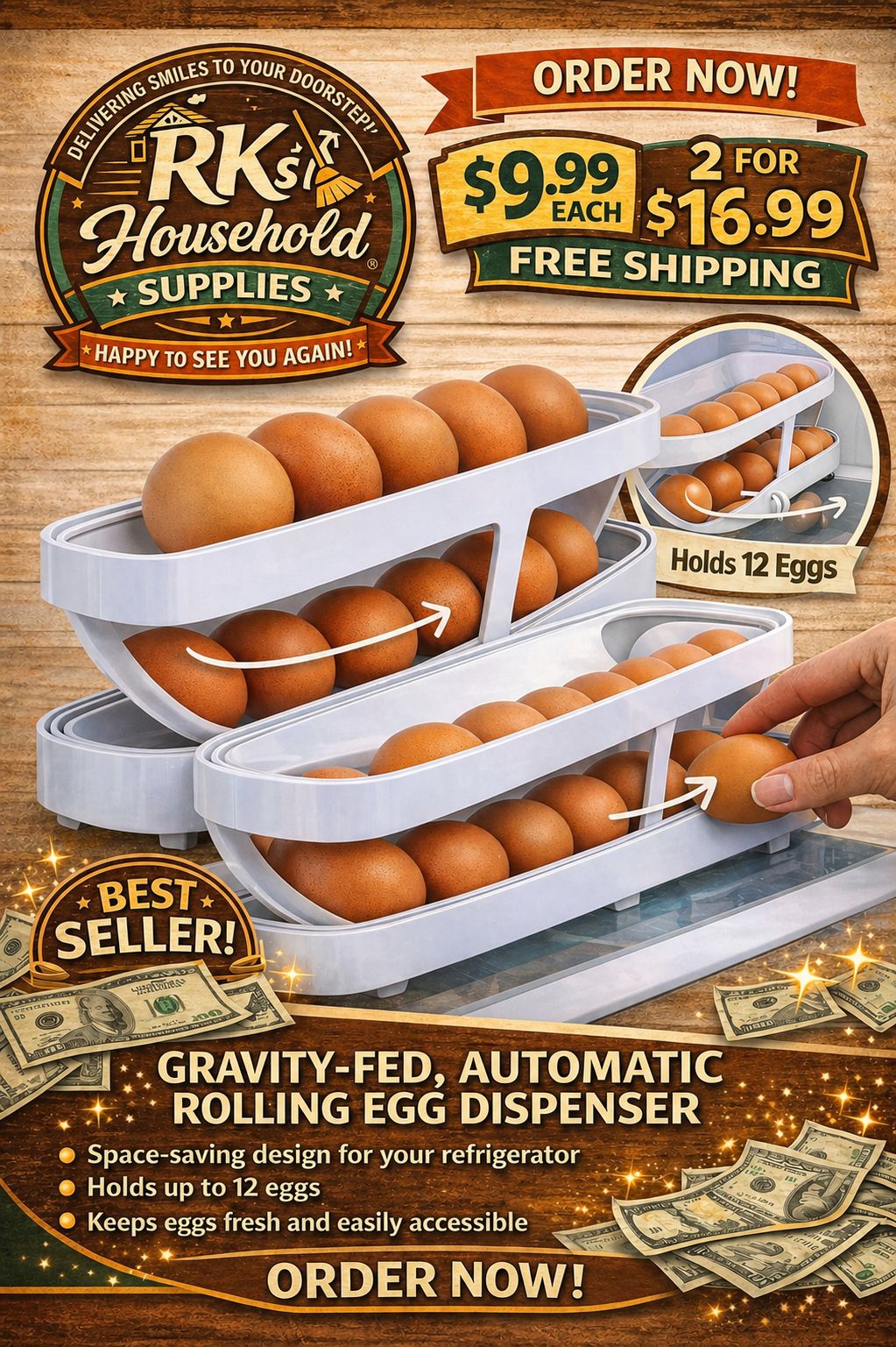 2 Pack Gravity-Fed Rolling Egg Dispenser – Space-Saving Refrigerator Organizer (24 Egg Capacity)