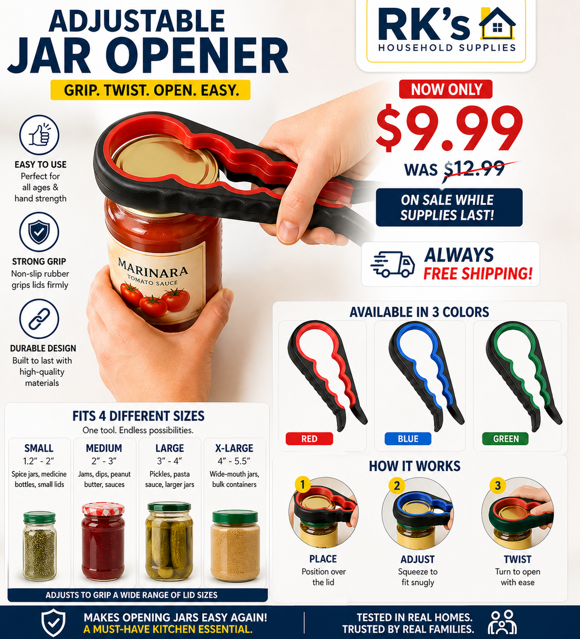 Adjustable Jar Opener – Multi-Size Grip Tool for Easy Lid Removal | Heavy-Duty, Family-Tested | Now $9.99 (Was $12.99) – Free Shipping