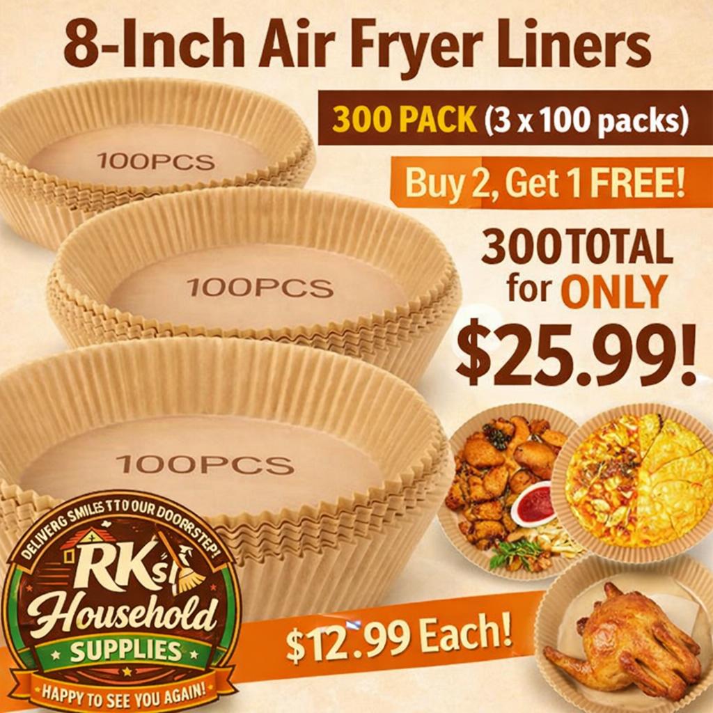 8-Inch Air Fryer Liners – 300 Count Value Pack (3 x 100) | Non-Stick Disposable Parchment Liners | Buy 2 Get 1 Free – Only $25.99