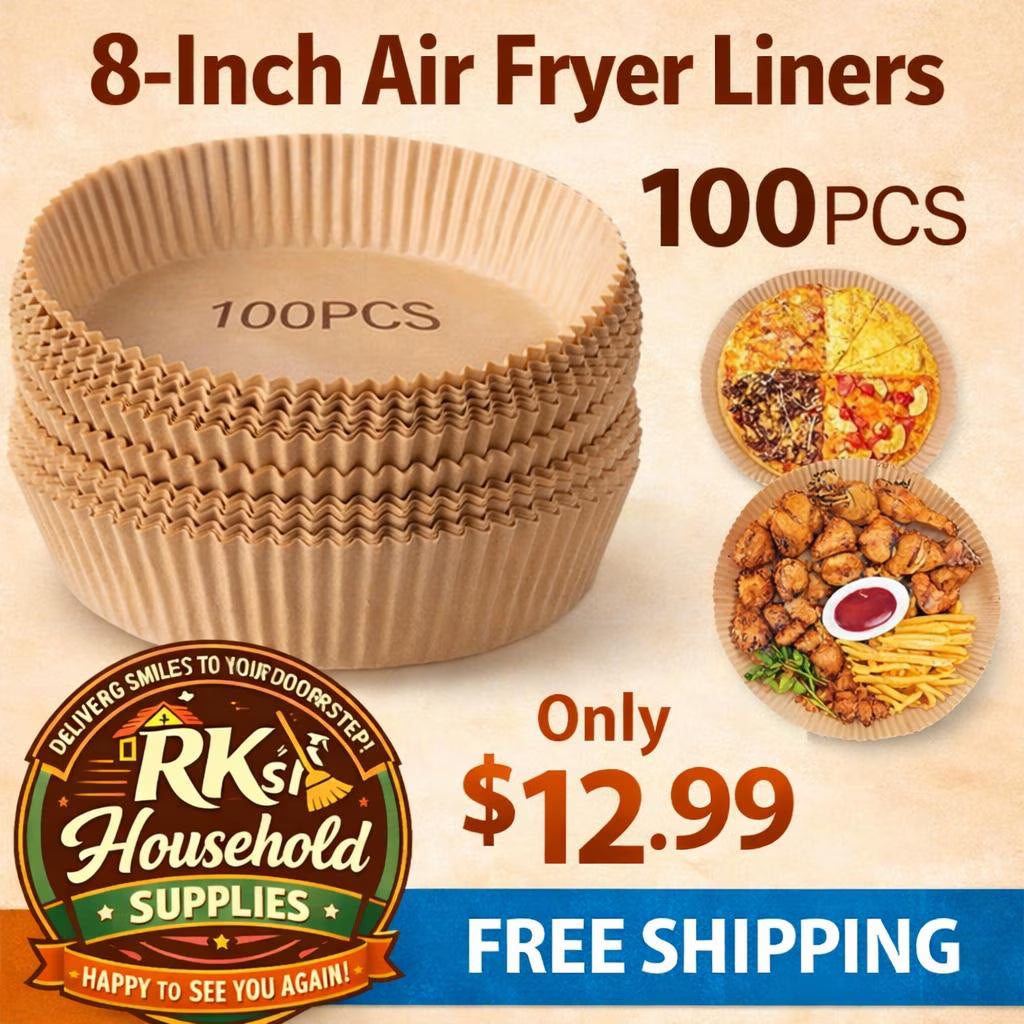 8-Inch Air Fryer Liners – 100 Count | Non-Stick Disposable Parchment Paper | Easy Cleanup | Free Shipping