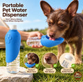 Blue portable pet water dispenser attached to a water bottle while a small dog drinks from the leaf-shaped bowl