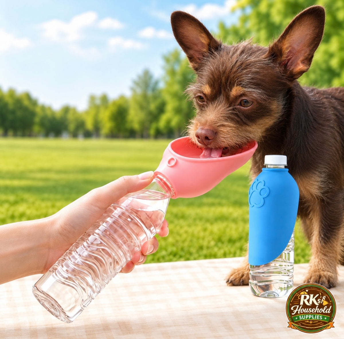 Cherry Blossom Pink pet water dispenser on a bottle with a dog drinking outdoors; blue dispenser folded beside it