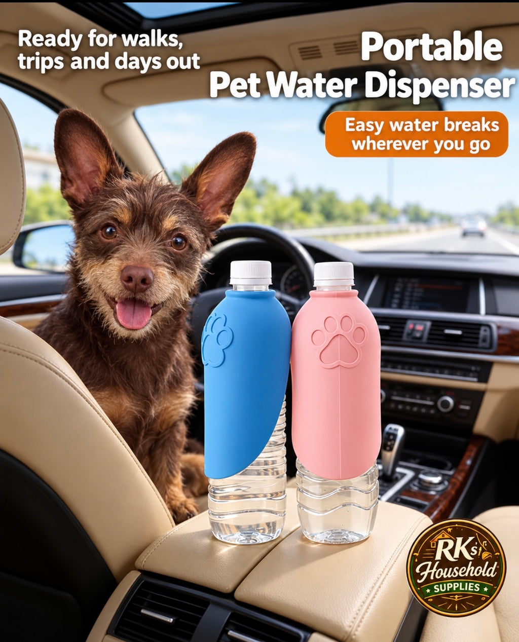 Blue and Cherry Blossom Pink pet water dispensers folded against water bottles in a car, with a happy dog