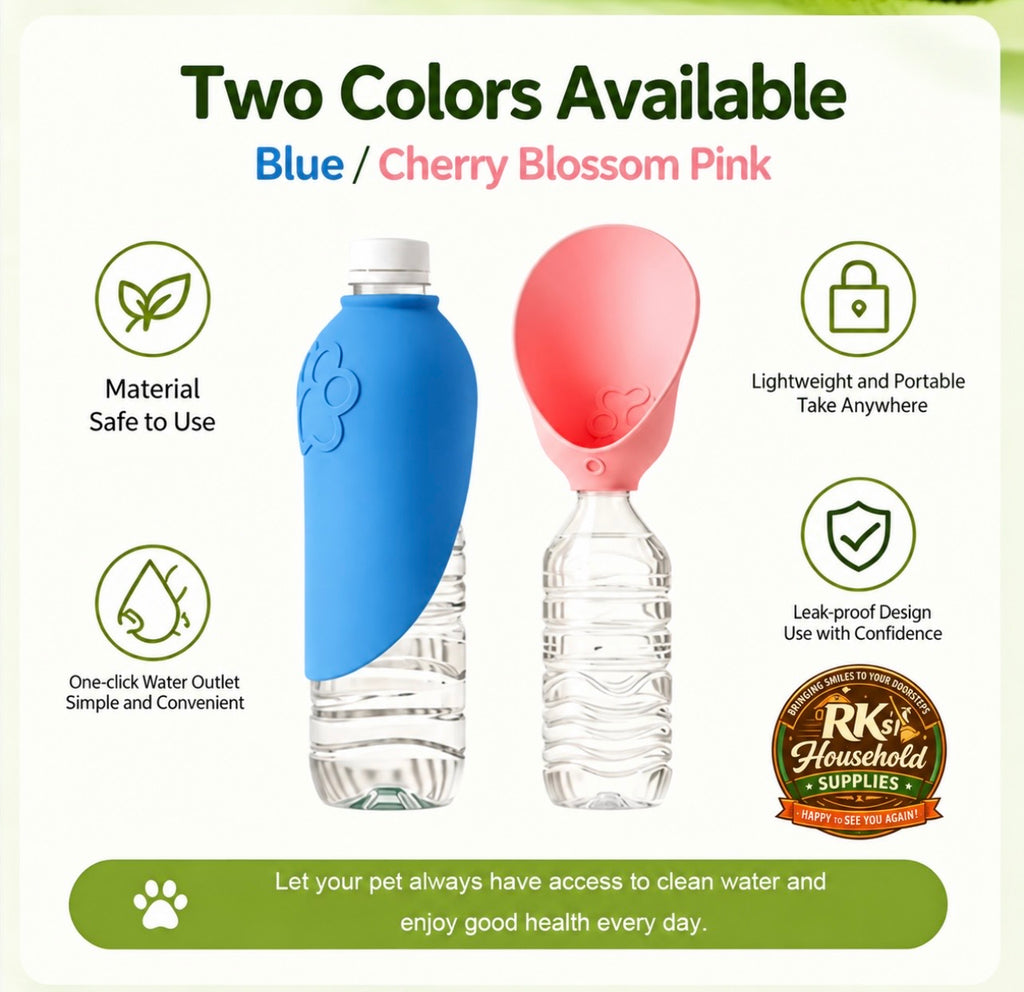 Two colors of the portable pet water dispenser: Blue folded and Cherry Blossom Pink open